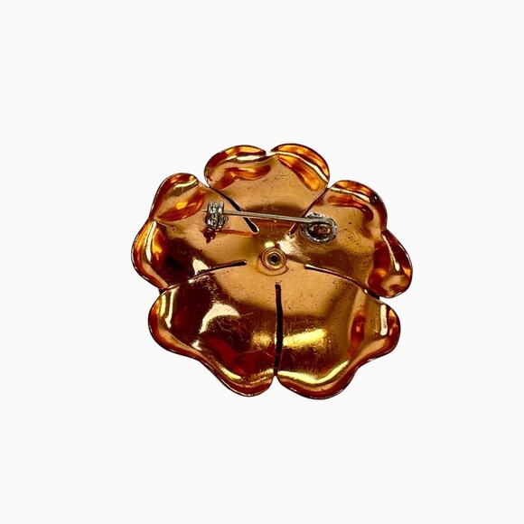 Flower Brooch Gold Tone And Copper Color Metal Purple Rhinestone Layered Petals - Picture 4 of 5